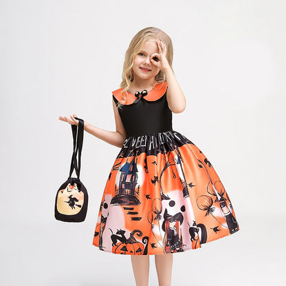Girls Halloween Pumpkin Print Dress