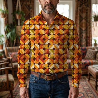Retro 70S Geometric Citrus Slice Pattern Long Sleeves Collar Shirt