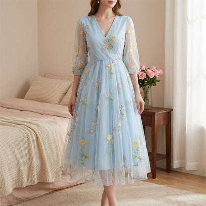 Floral Embroidered V-Neck Midi Dress