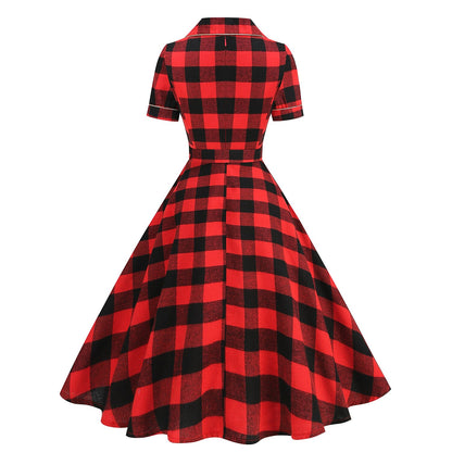 Women's 1950s Plaid Lapel Collar Swing Dress
