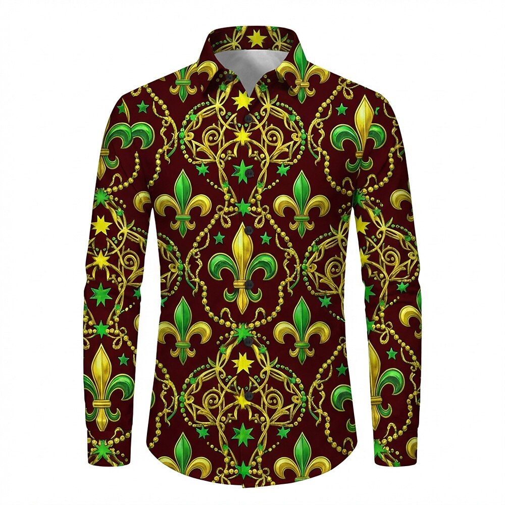 Retro 70S Fleur-de-lis Pattern Long Sleeves Collar Shirt