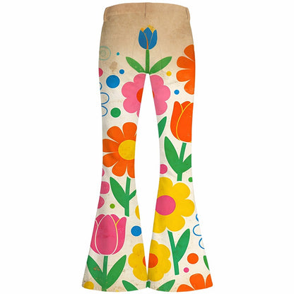 Retro 70s Boho Daisy Floral High Waist Wide Flared Trousers