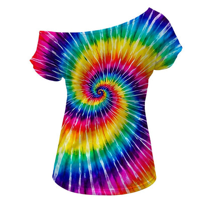 Retro 70s Tie-Dye Swirl One Shoulder Short Sleeves T-shirt