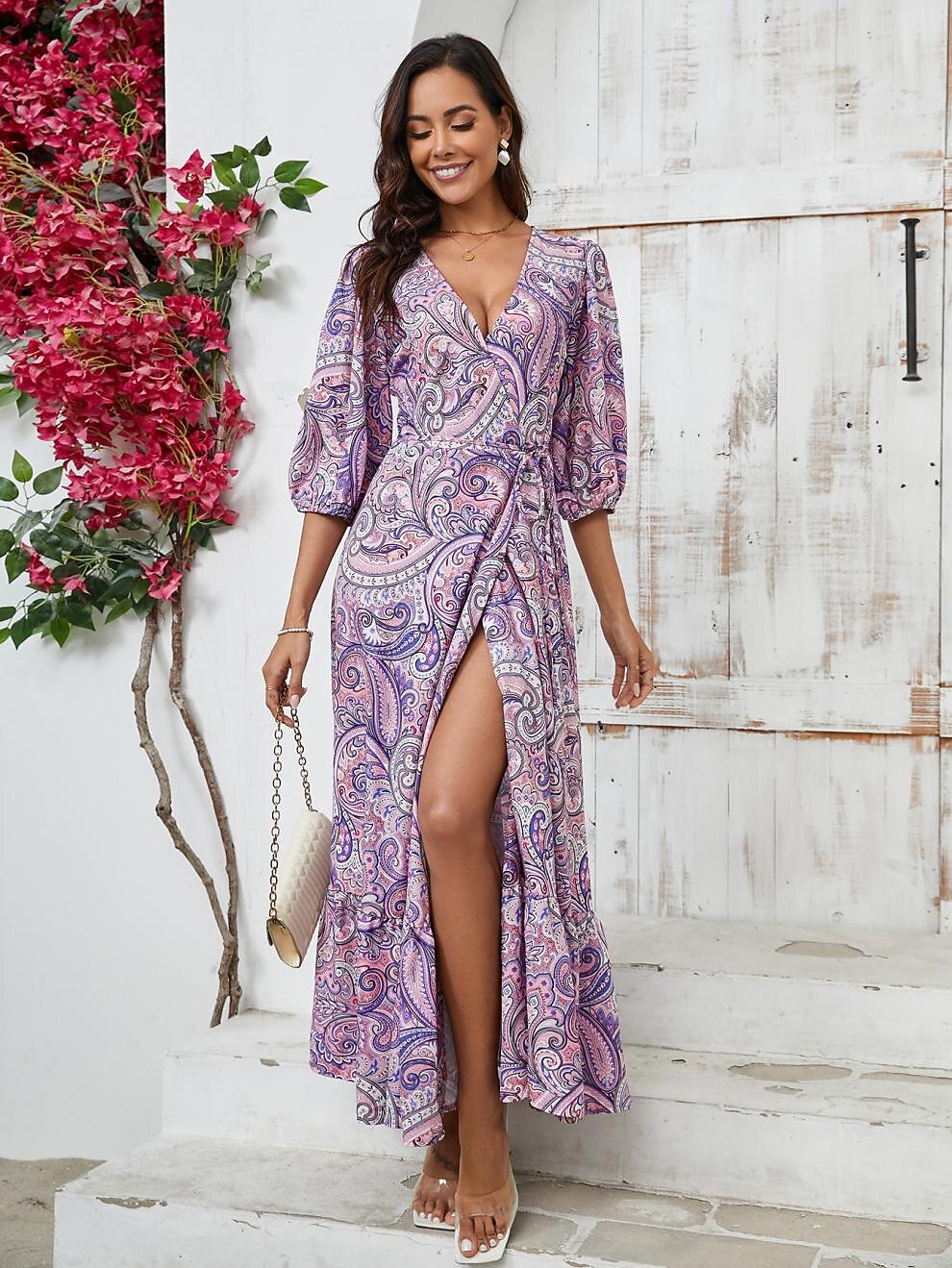 Retro 70s Bohemian Paisley Wrap V-neck Maxi Dress