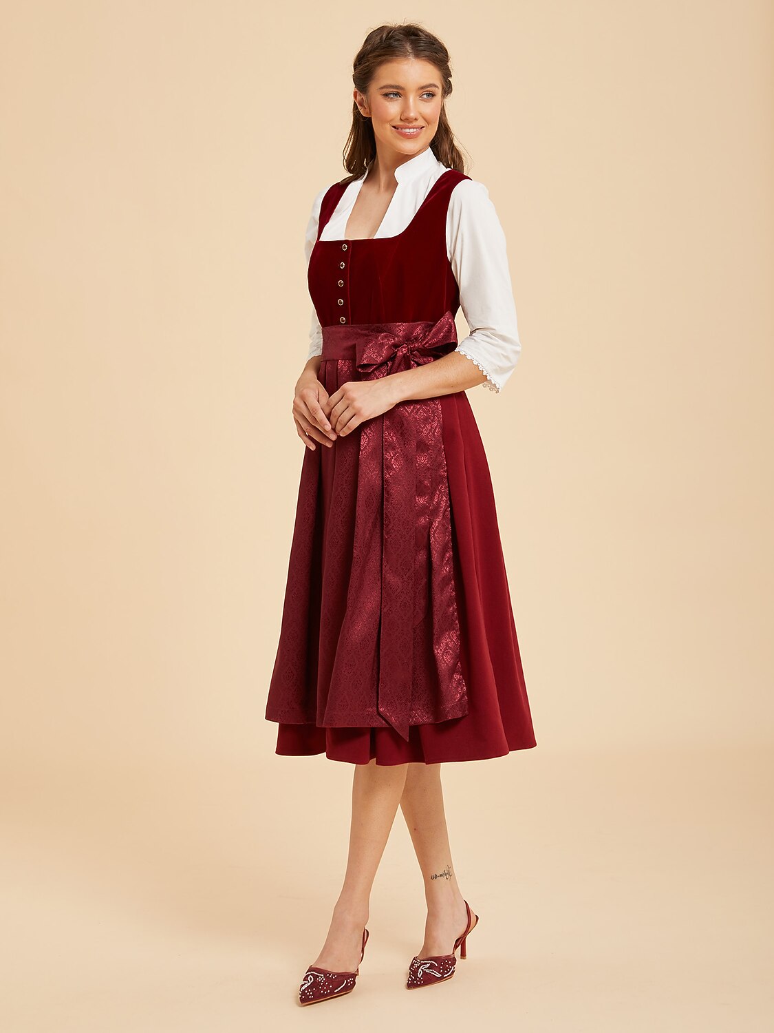 Premium Women’s Oktoberfest Burgundy Midi Dirndl Dress with Jacquard Apron