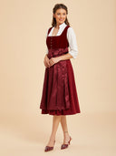 Burgundy Red Midi Dirndl Dress with Tonal Jacquard Apron