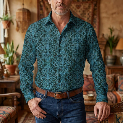 Retro 70S Vintage Ornate Baroque Pattern Long Sleeves Collar Shirt