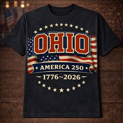 Men's American 250th Ohio American Flag 1776-2026 Patriotic Printed T-shirt