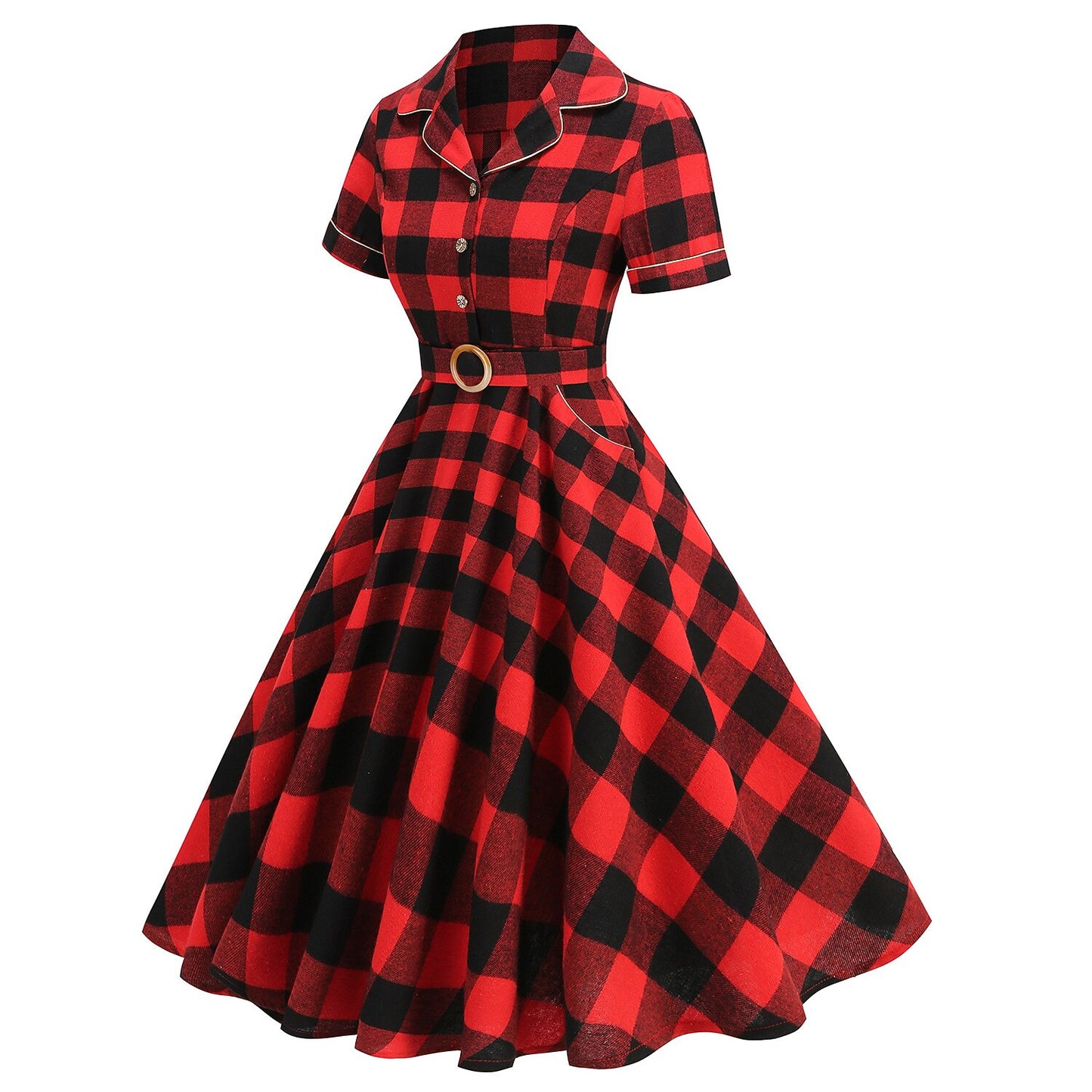 Women's 1950s Plaid Lapel Collar Swing Dress