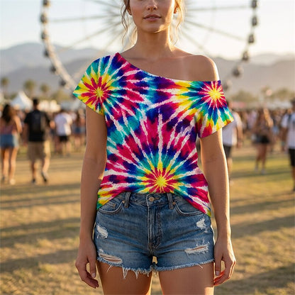 Retro 70s Multi-Starburst Tie-Dye One Shoulder Short Sleeves T-shirt