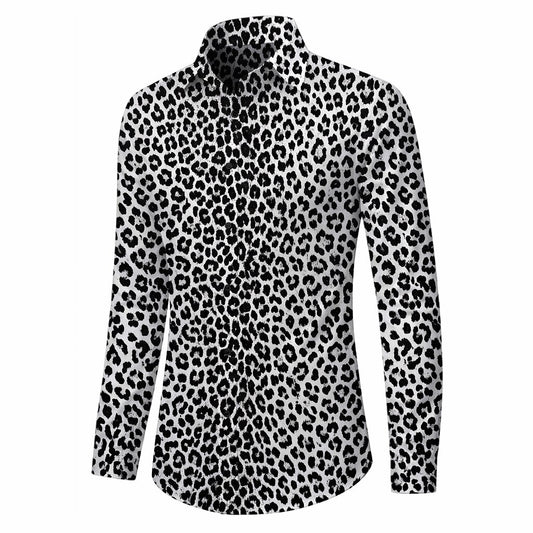 Retro 70S Leopard Long Sleeves Collar Shirt in Gray