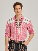 Men’s Oktoberfest Trachten Shirt Red Gingham Check Lace-Up Front