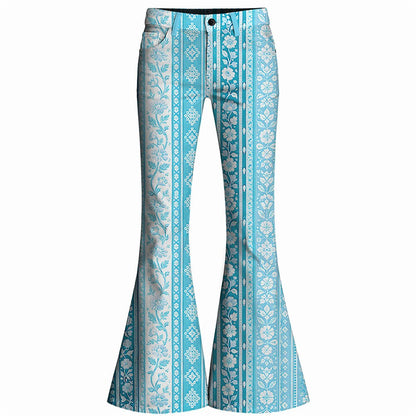 Retro 70s Ethnic Floral Striped High Waist Wide Flared Trousers