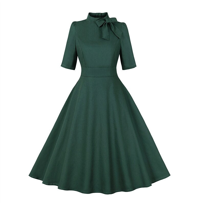 Women's 1950s Solid Green Bow Tie Neck Half Sleeve Swing Dress