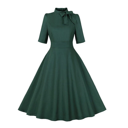 Women's 1950s Solid Green Bow Tie Neck Half Sleeve Swing Dress