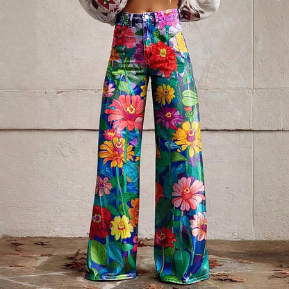 Retro 70s Bold Tropical Floral High Waist Wide Flared Trousers