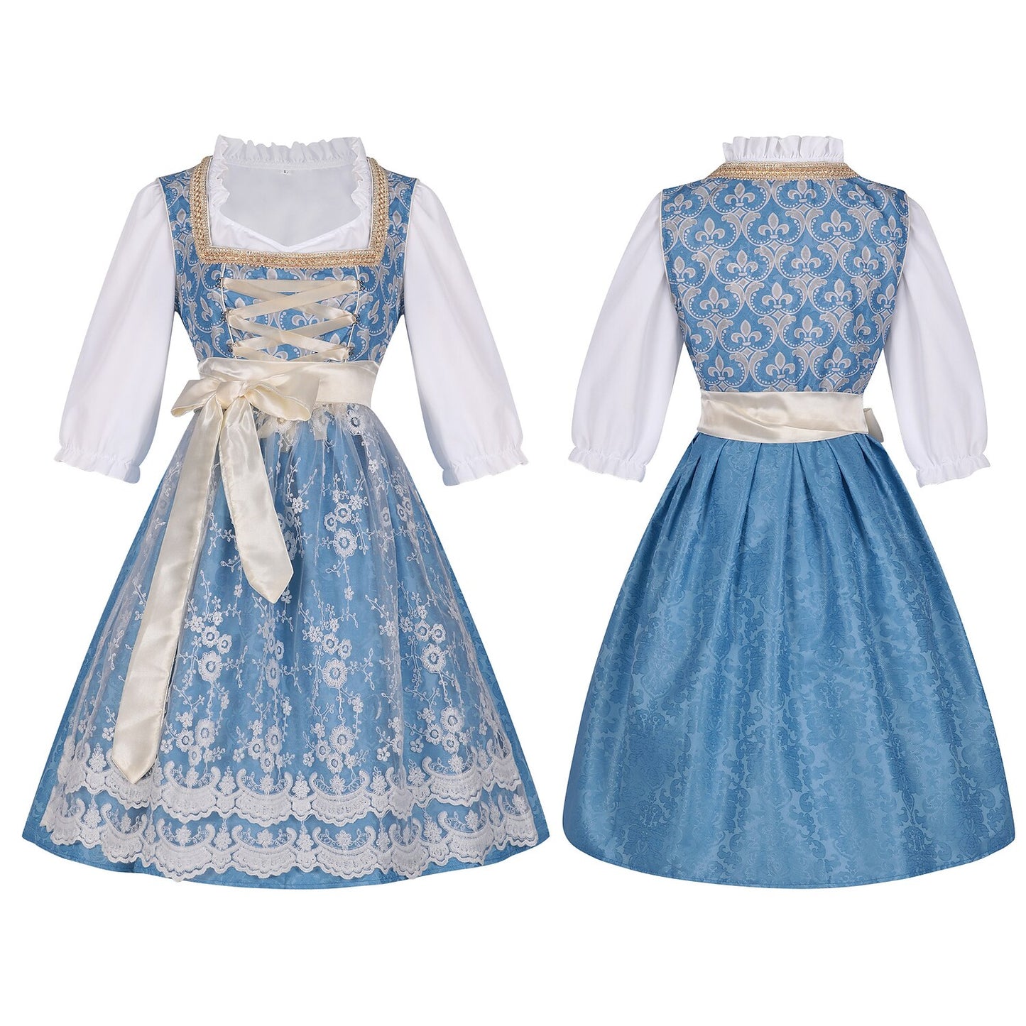 Oktoberfest Costume Blue Dirndl Dress with Blouse and Lace Apron