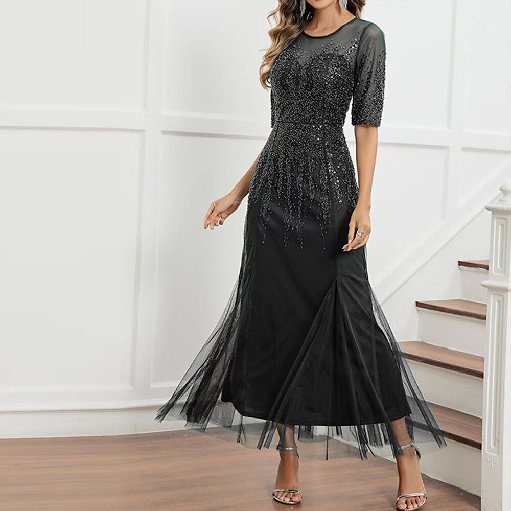 Elegant Beaded Half Sleeve Evening Gown