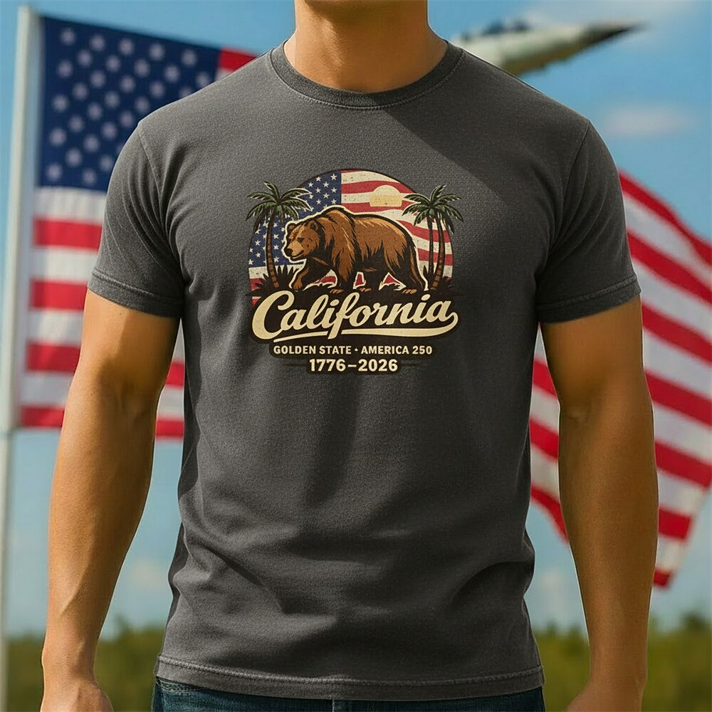 Men's American 250th California Bear West Coast Patriotic Printed T-shirt