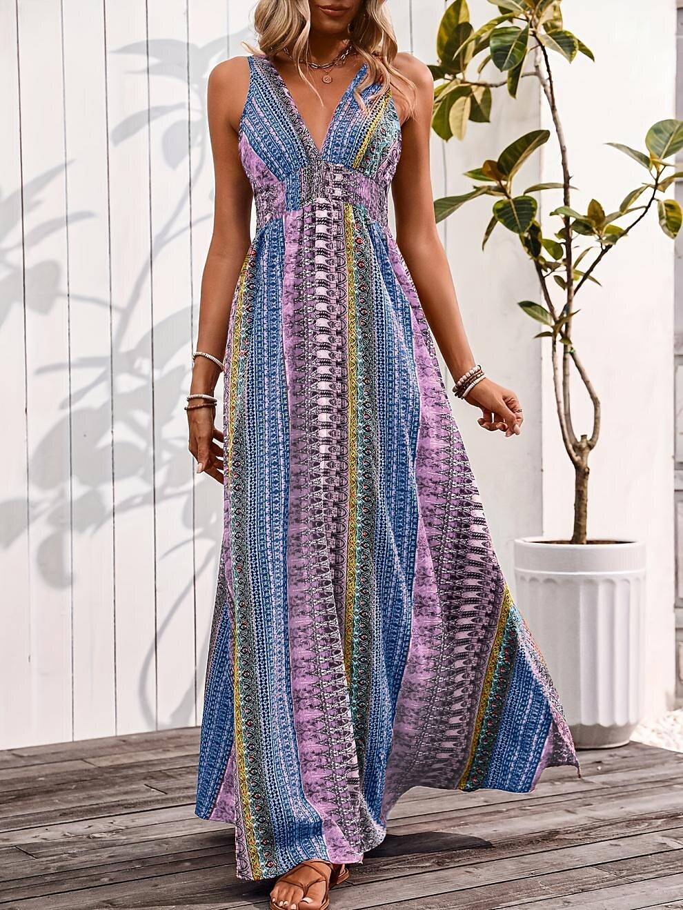 Retro 70s Bohemian Ethnic V-neck Empire Waist Flowy Maxi Dress