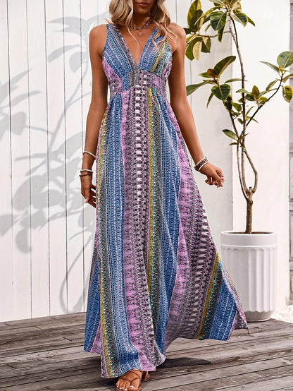Retro 70s Bohemian Ethnic V-neck Empire Waist Flowy Maxi Dress
