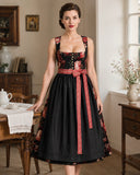 Women's German Dirndl Dress Floral Print Square Neck with Woven Trim Apron