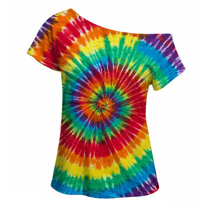 Retro 70s Rainbow Tie Dye One Shoulder Short Sleeves T-shirt