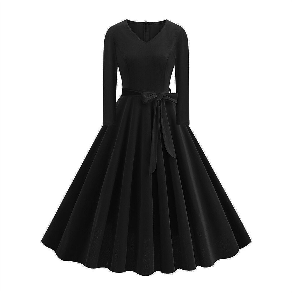 Women's 1950s Velvet V-Neck Long Sleeve Swing Dress