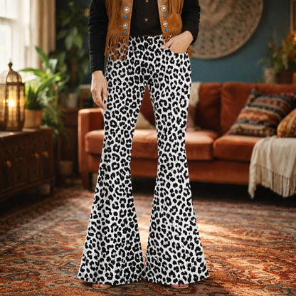 Retro 70s Boho Leopard High Waist Wide Flared Trousers in Gray