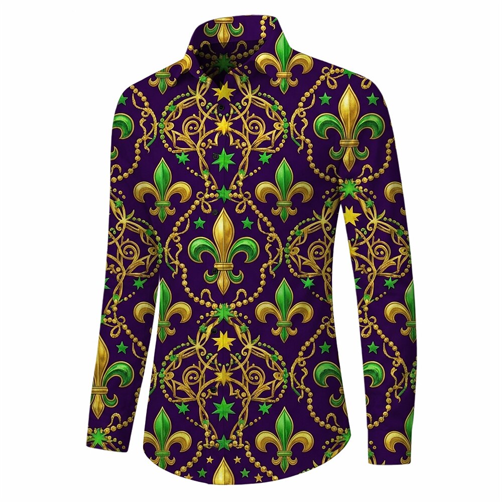 Retro 70S Fleur-de-lis Pattern Long Sleeves Collar Shirt