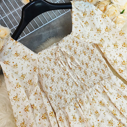 Retro 70s Bohemian Floral High-low Smocked Maxi Dress