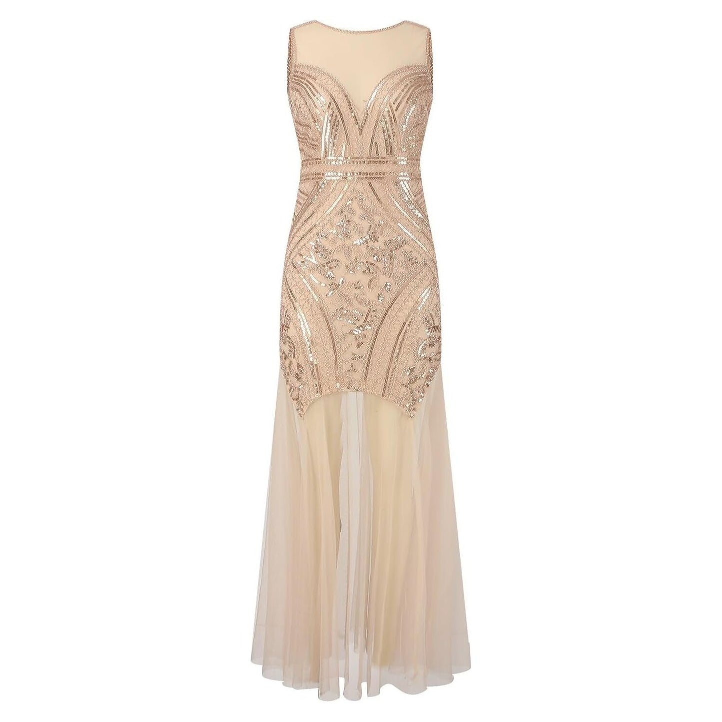 Sheer V-neck Beaded Evening Gown