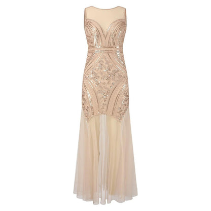 Sheer V-neck Beaded Evening Gown