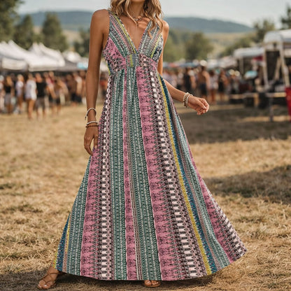Retro 70s Bohemian Ethnic V-neck Empire Waist Flowy Maxi Dress