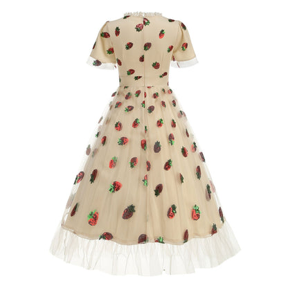 Strawberry Embroidered Mesh Midi Dress