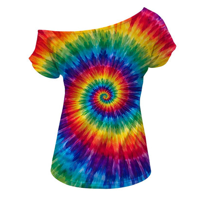 Retro 70s Tie-Dye Swirl One Shoulder Short Sleeves T-shirt