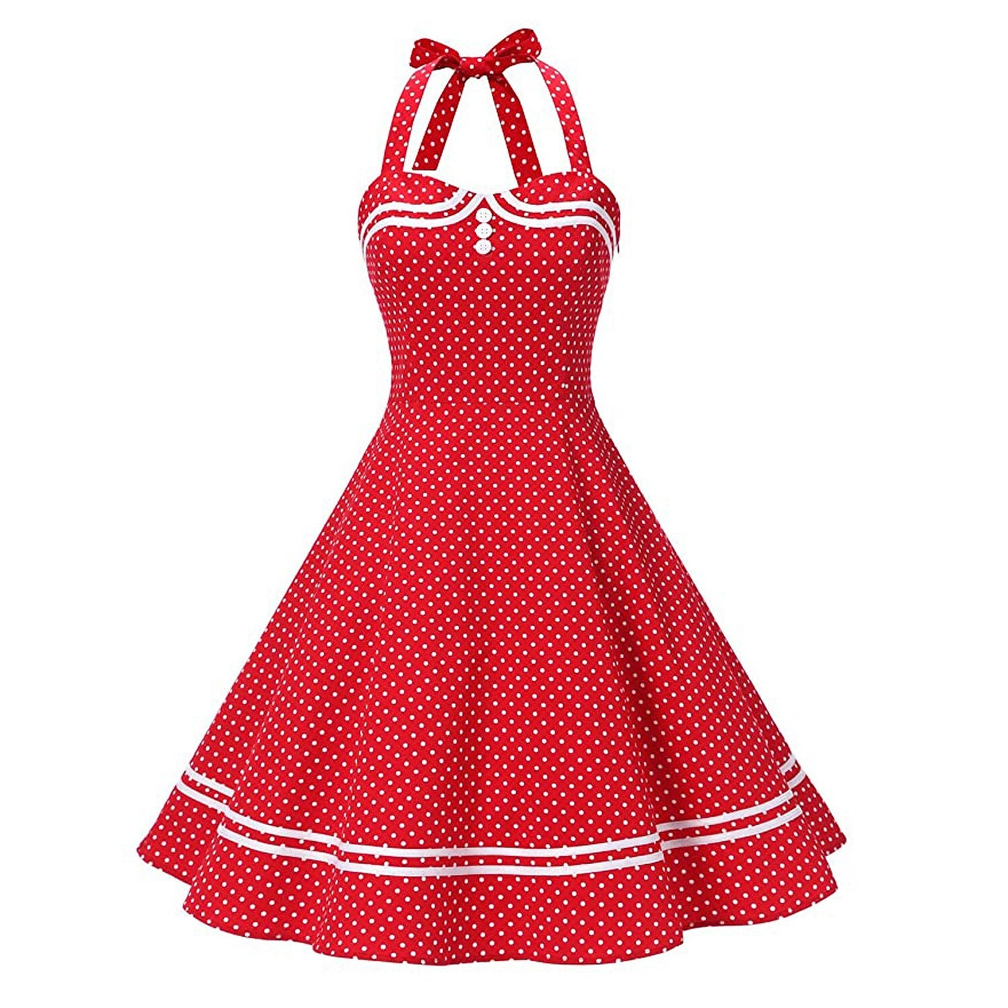 Women's 1950s Red Polka Dot Halter Neck Flare A-Line Dress