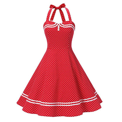 Women's 1950s Red Polka Dot Halter Neck Flare A-Line Dress