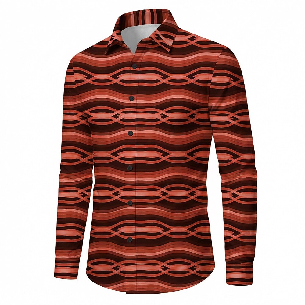 Retro 70S Wavy Geometric Stripe Pattern Long Sleeves Collar Shirt