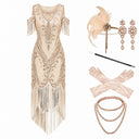 Women's Champagne 1920s Cold Shoulder Fringe 6-Piece Set
