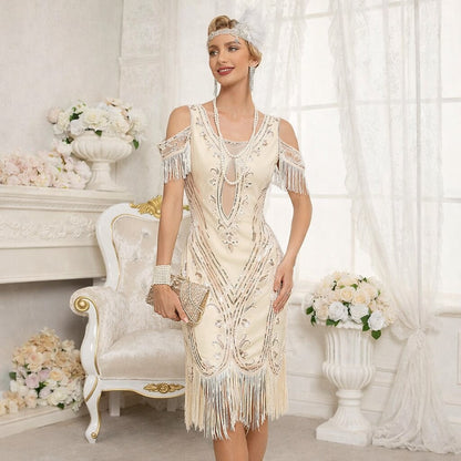 Cold Shoulder Flapper Dress with Beaded Detailing