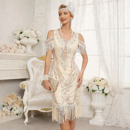 Cold Shoulder Flapper Dress with Beaded Detailing