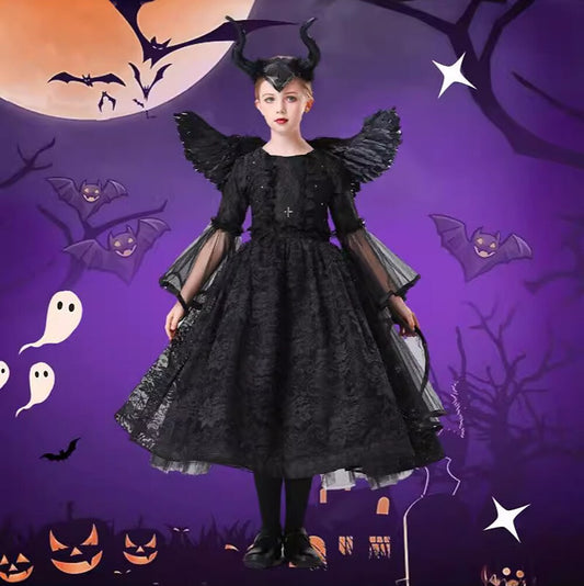 Girls Dark Fairy Witch Costume Black Lace Mesh Dress