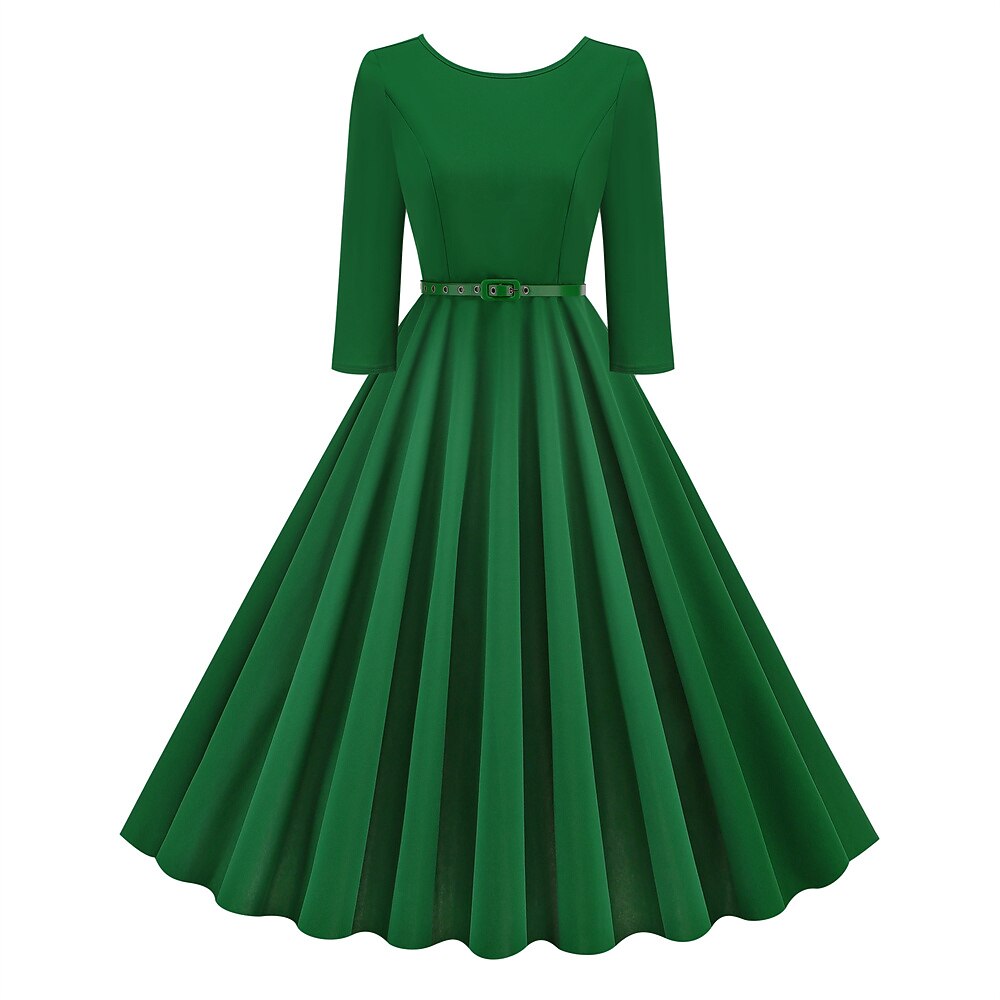 Women's 1950s Solid Color Round Neck 3/4 Sleeve Flare Dress