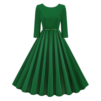 Women's 1950s Solid Color Round Neck 3/4 Sleeve Flare Dress