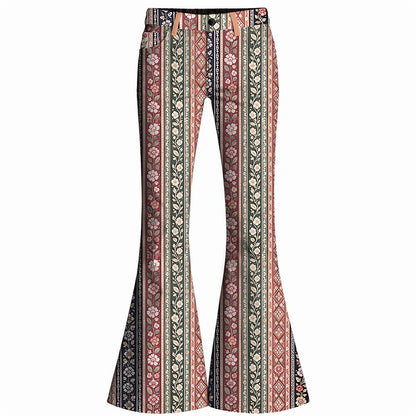 Retro 70s Striped Floral High Waist Wide Flared Trousers