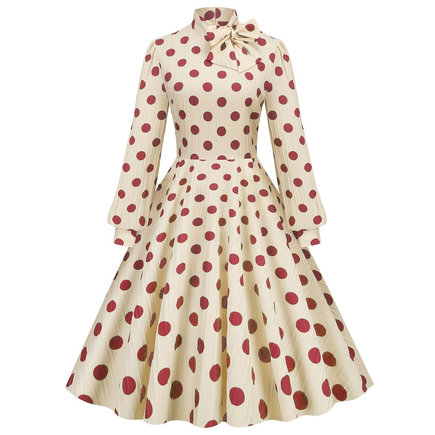 Women's 1950s Polka Dot Bow Tie Neck Long Sleeve Flare Dress