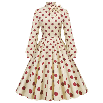 Women's 1950s Polka Dot Bow Tie Neck Long Sleeve Flare Dress