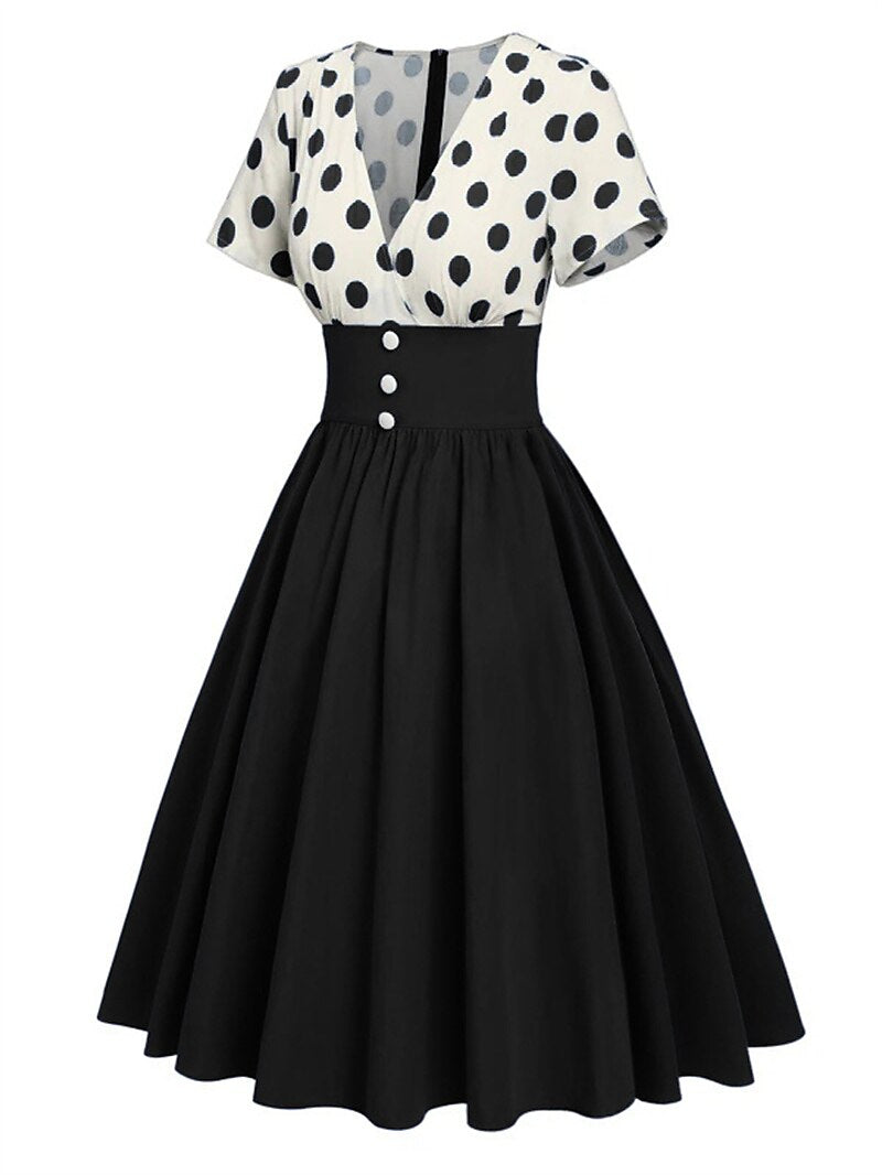 Women's 1950s Polka Dot V-Neck High Waist Swing Dress