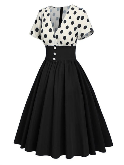 Women's 1950s Polka Dot V-Neck High Waist Swing Dress
